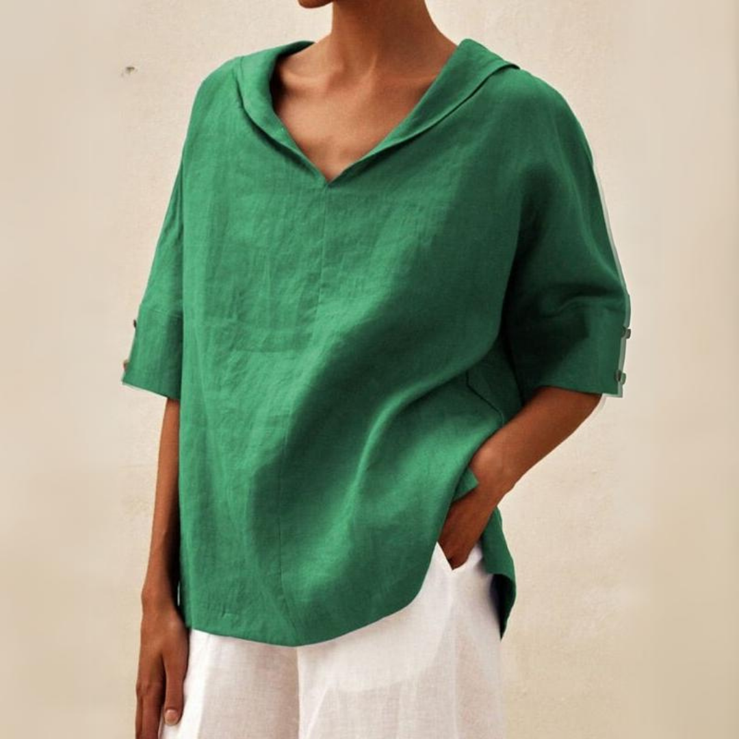 Renee™ - Casualna Bluzka Lnianą z Dekoltem w Serek dla Dam