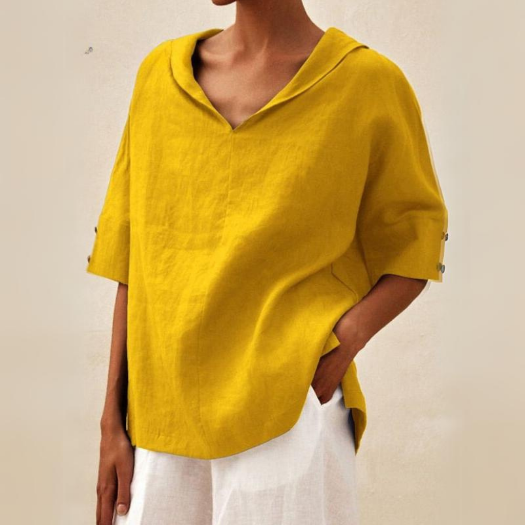 Renee™ - Casualna Bluzka Lnianą z Dekoltem w Serek dla Dam