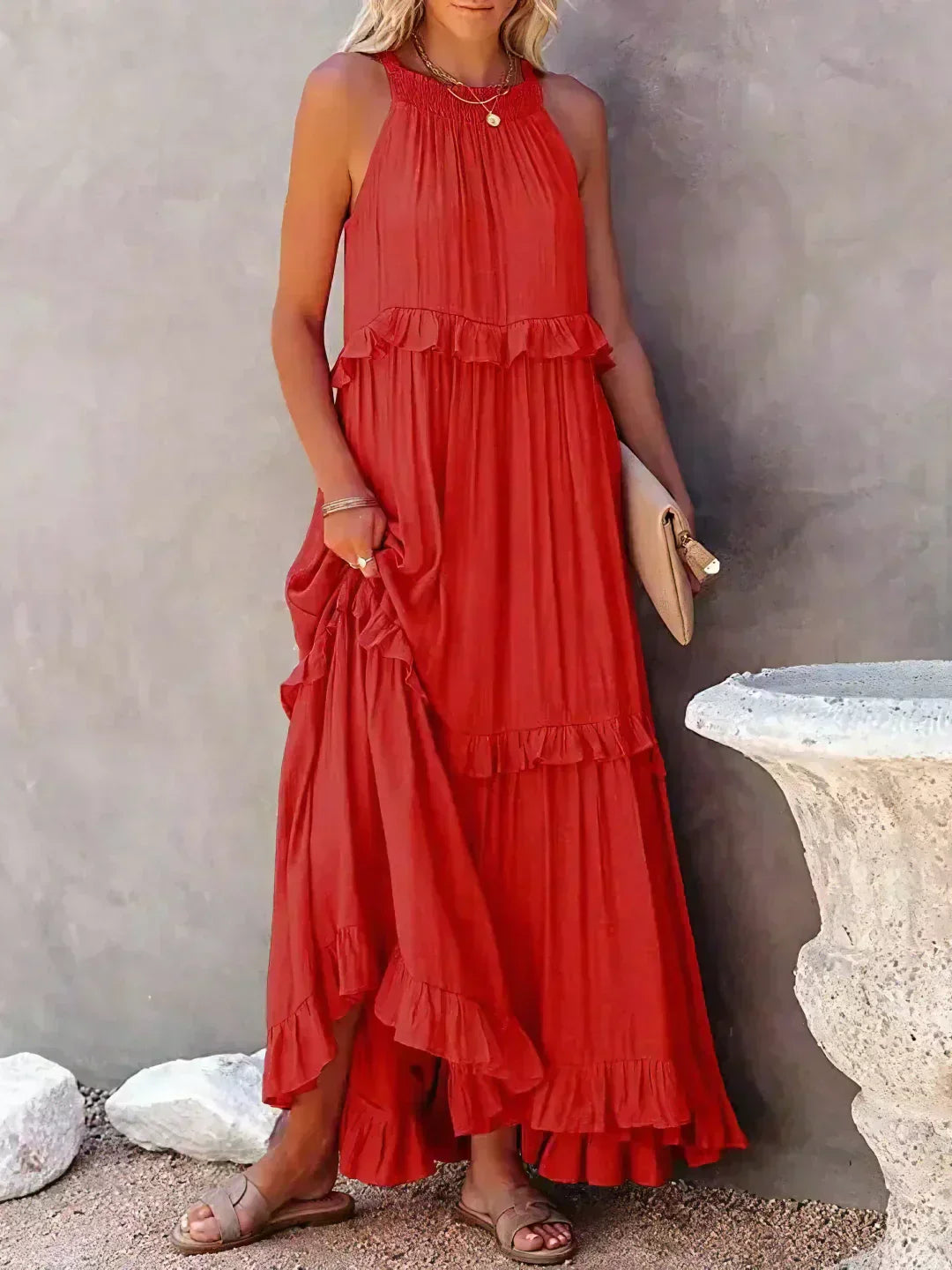 Sarah | Sukienka Maxi Halter z Falbanami (Prawie wyprzedana)