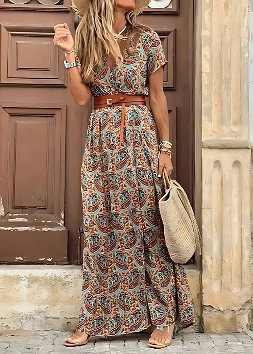 Maëlle | Długa boho sukienka z marszczoną talią
