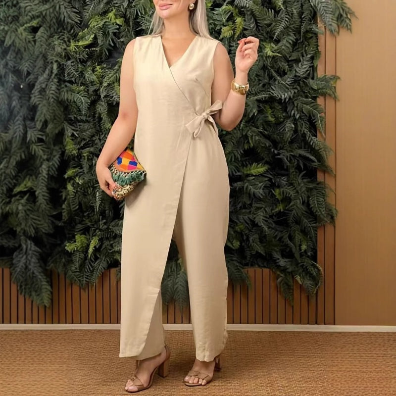 Elina™ – Mono Casual z Dekoltem w Szpic i Detalem Wstążki