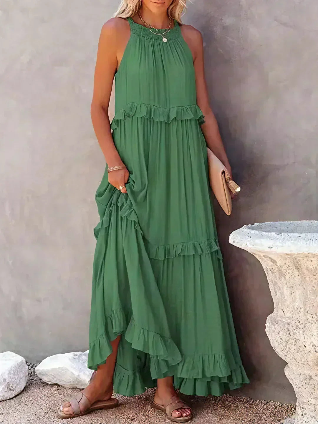Sarah | Sukienka Maxi Halter z Falbanami (Prawie wyprzedana)