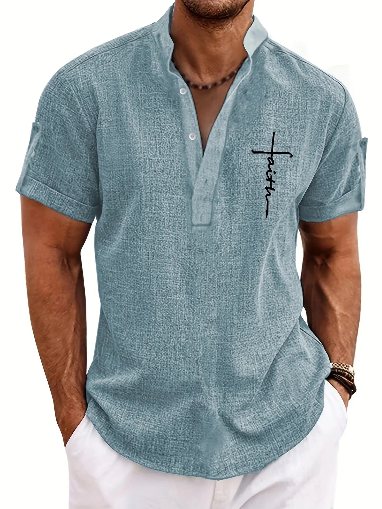 Elliott™ | Elegancka Koszula Krótki Rękaw z Stojącym Kołnierzem