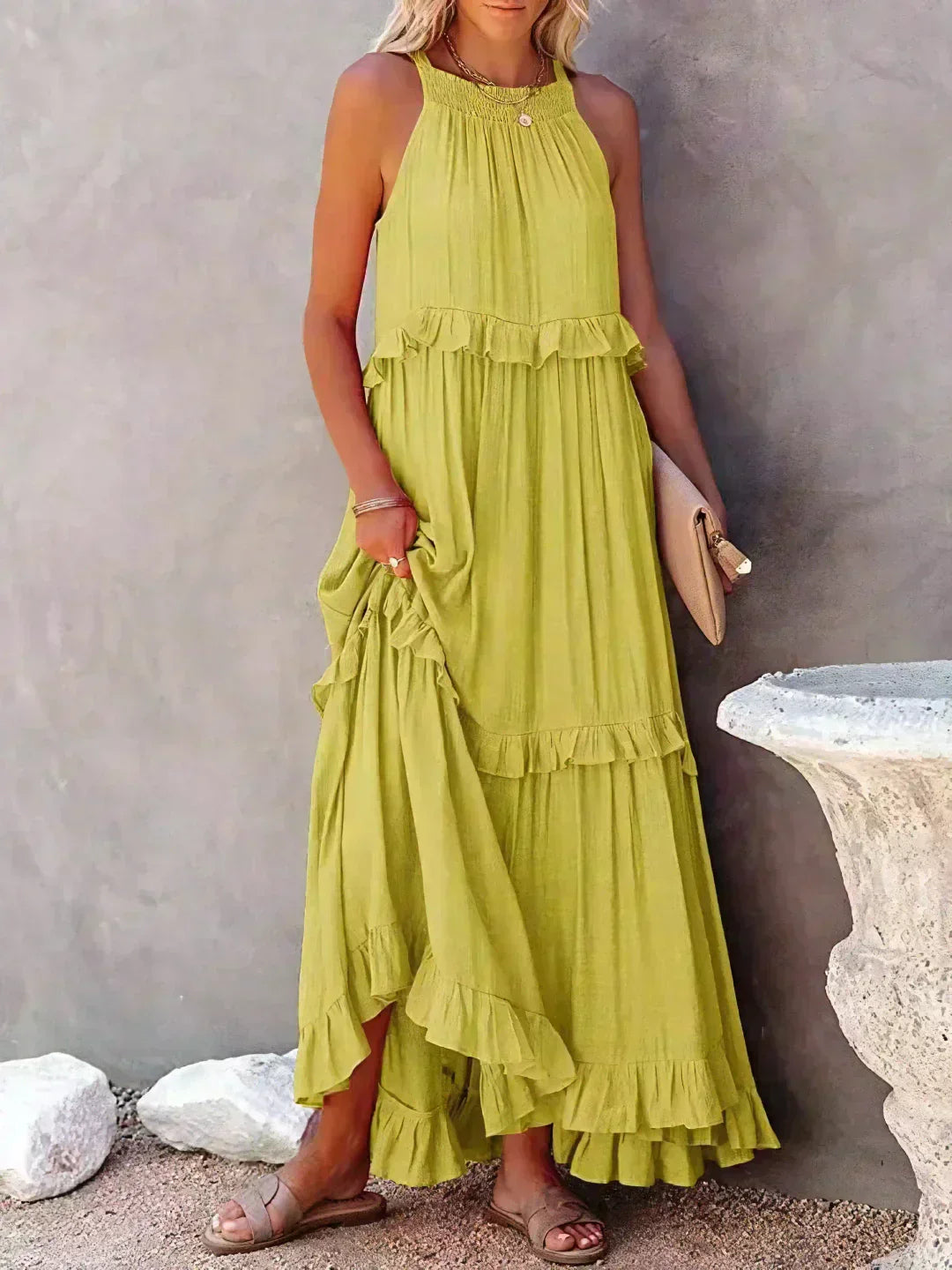 Sarah | Sukienka Maxi Halter z Falbanami (Prawie wyprzedana)