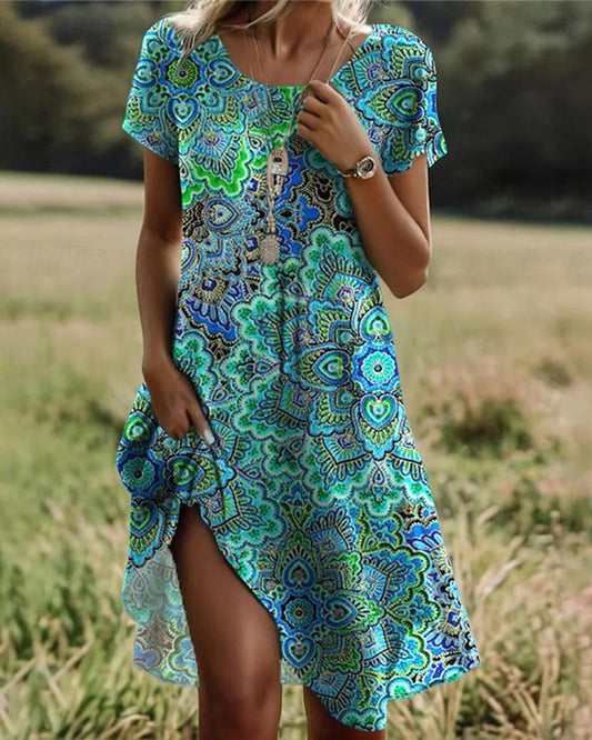 Louise | Sukienka z Okrągłym Dekoltem z Vintage Printem