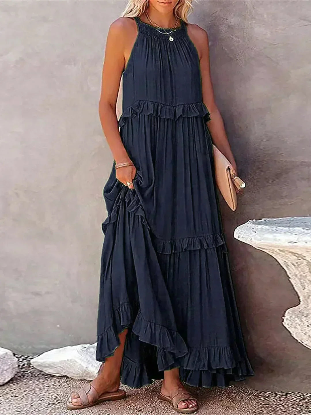 Sarah | Sukienka Maxi Halter z Falbanami (Prawie wyprzedana)
