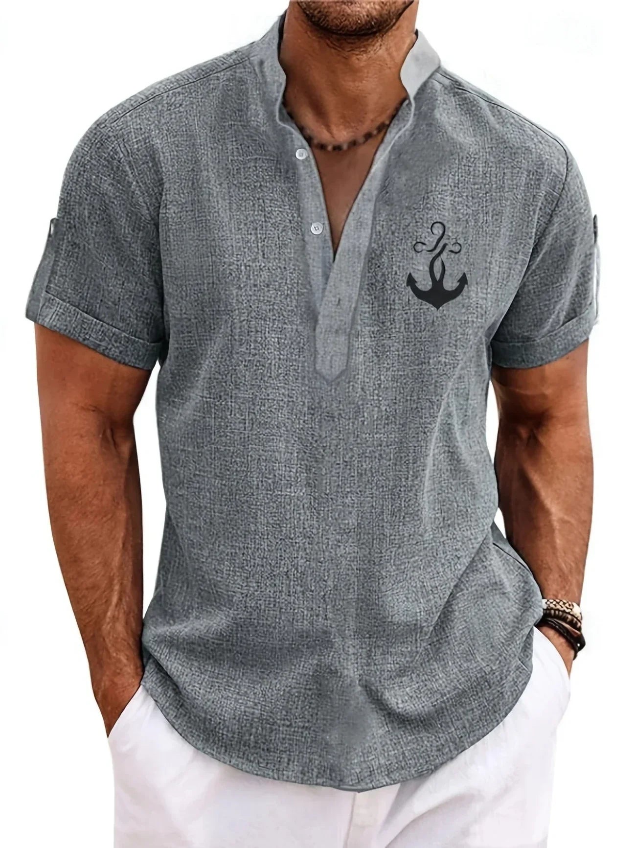 Elliott™ | Elegancka Koszula Krótki Rękaw z Stojącym Kołnierzem