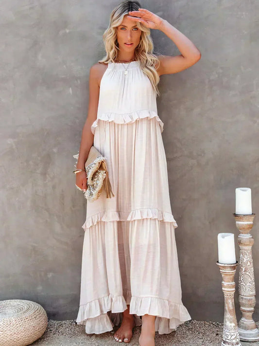 Sarah | Sukienka Maxi Halter z Falbanami (Prawie wyprzedana)