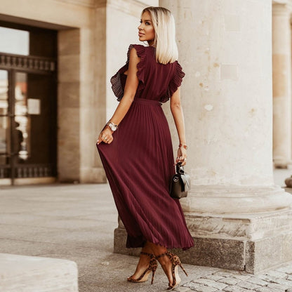 Lucyna™ Ciemno Czerwona Boho Festiwalowa Sukienka z Dekoltem w Serek