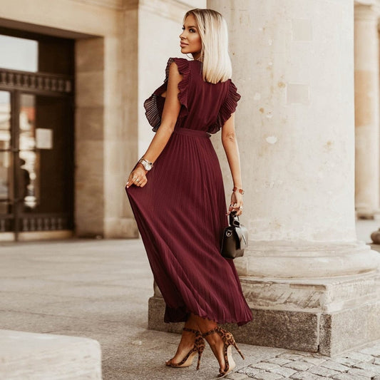 Lucyna™ Ciemno Czerwona Boho Festiwalowa Sukienka z Dekoltem w Serek