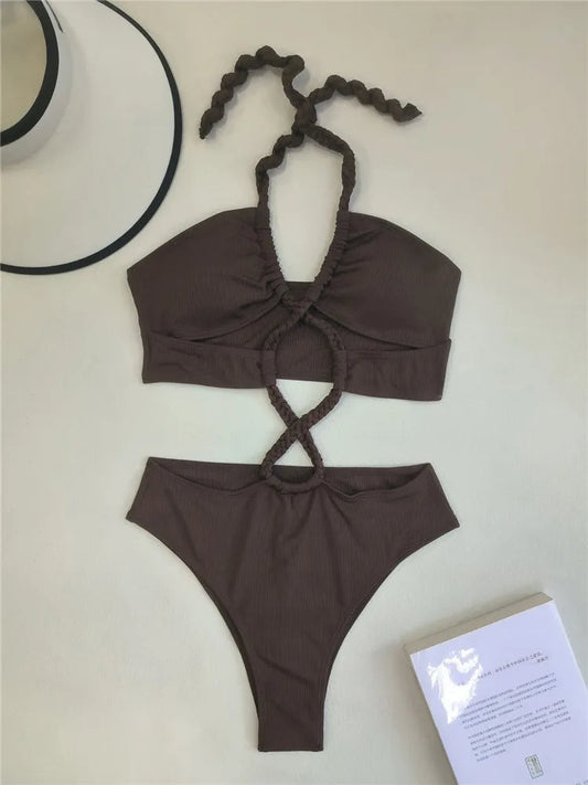 Cressida™ | Brązowy bikini halter z wiązanym detalem