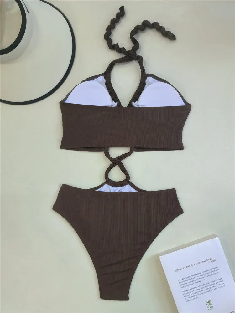 Cressida™ | Brązowy bikini halter z wiązanym detalem