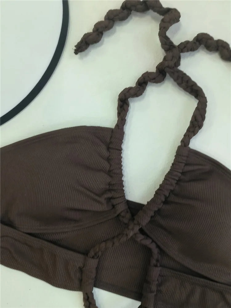 Cressida™ | Brązowy bikini halter z wiązanym detalem
