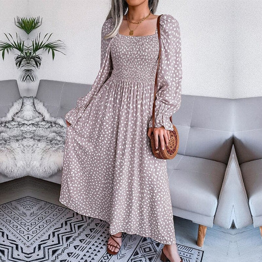 Lotte™ Elegante Beżowa Sukienka Maxi z Długim Rękawem