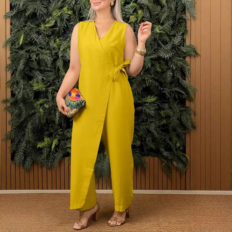 Elina™ – Mono Casual z Dekoltem w Szpic i Detalem Wstążki